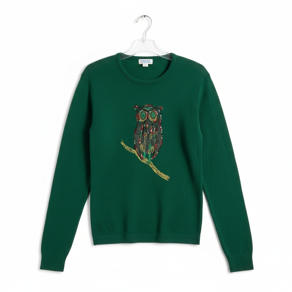 Cycles by Saxony Green Owl‎ Sequined Embroidered Sweater, Vintage Orlon, Large